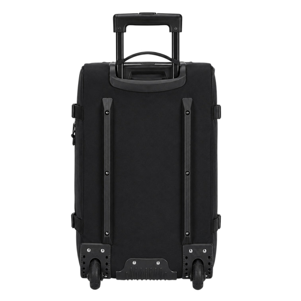 Vue arrière du sac à dos à roulettes noir Univers Sac en tissu Oxford avec poignée télescopique et roues robustes.