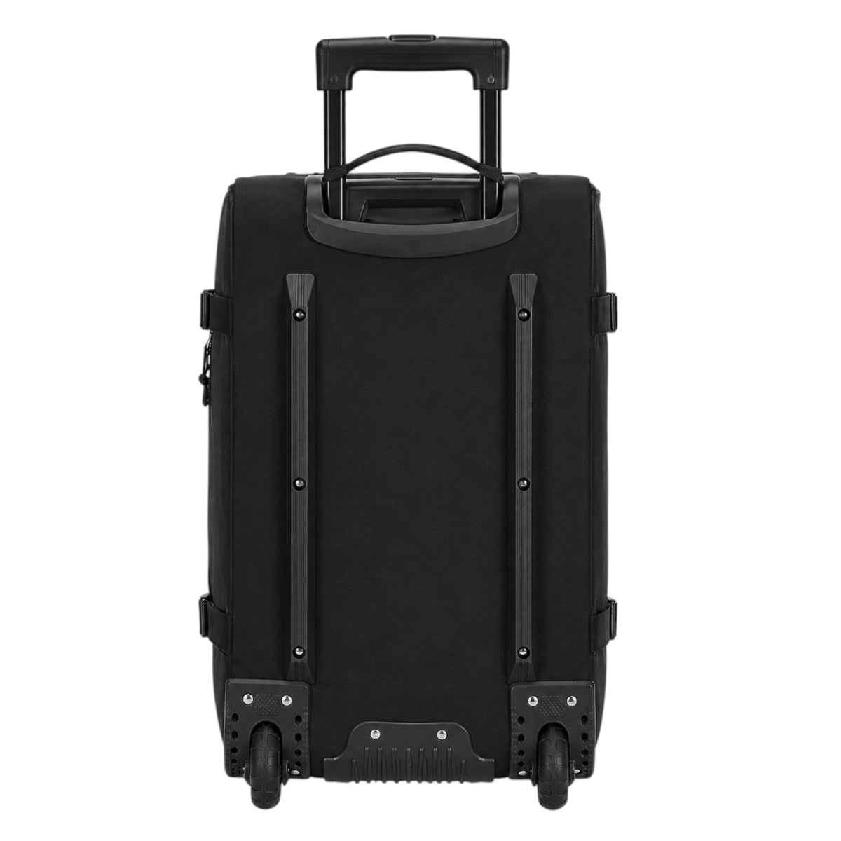 Vue arrière du sac à dos à roulettes noir Univers Sac en tissu Oxford avec poignée télescopique et roues robustes.