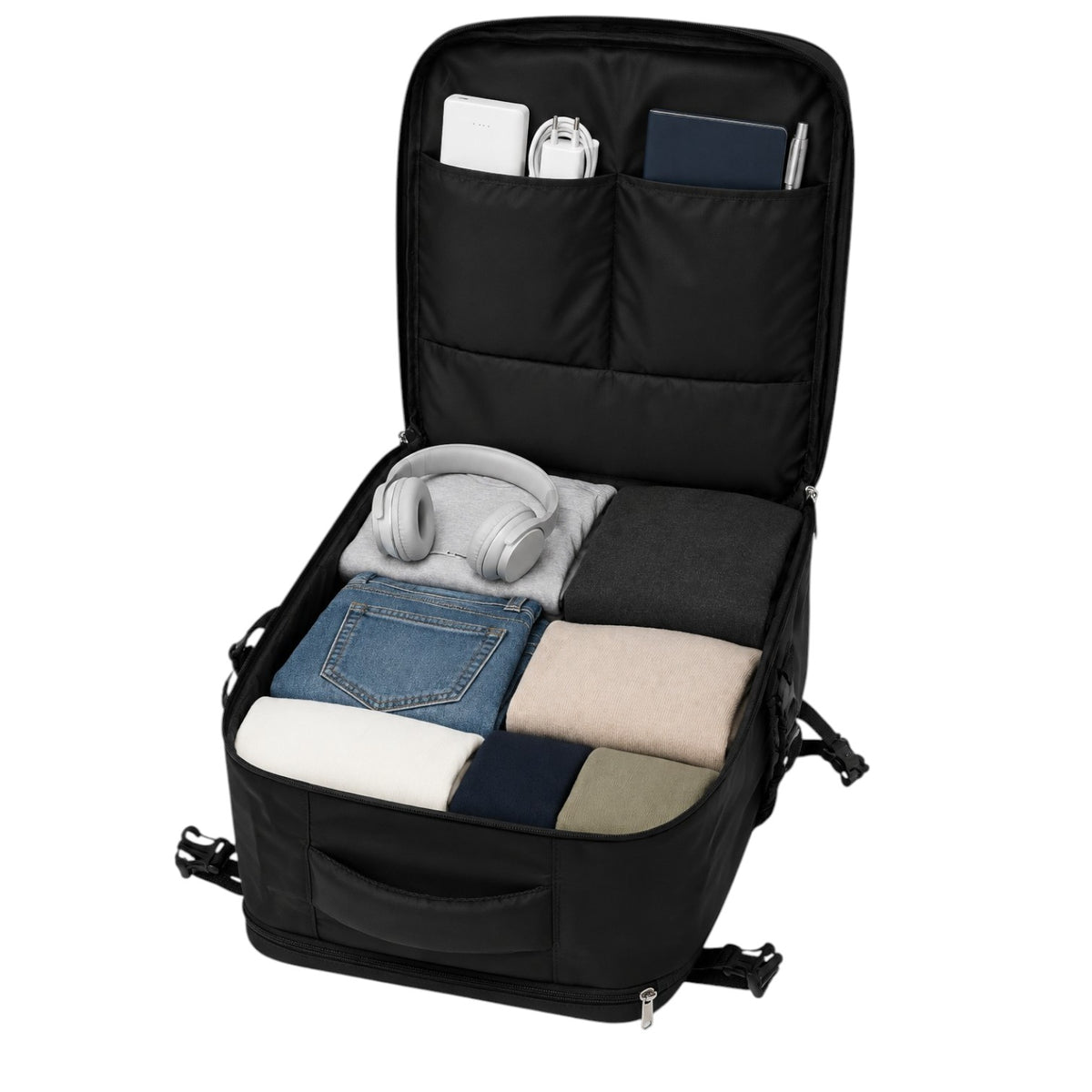 Sac à dos de voyage noir Univers Sac, format cabine Ryanair, ouvert avec compartiments organisés pour vêtements et tech