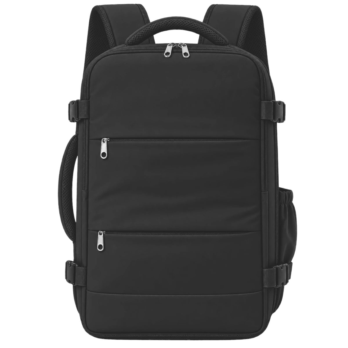 Sac à dos de voyage noir Univers Sac, format cabine 40x30x20, en nylon durable avec multiples poches zippées.