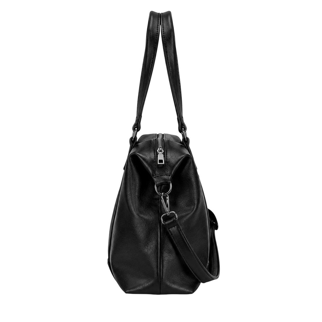 Sac fourre-tout noir en cuir synthétique UOSU avec fermeture éclair et deux anses, idéal pour un usage quotidien.