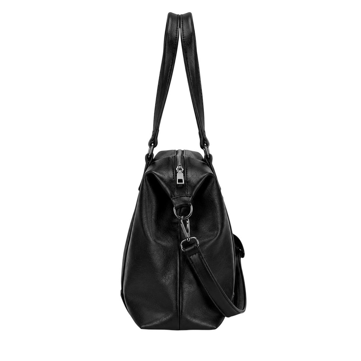Sac fourre-tout noir en cuir synthétique UOSU avec fermeture éclair et deux anses, idéal pour un usage quotidien.