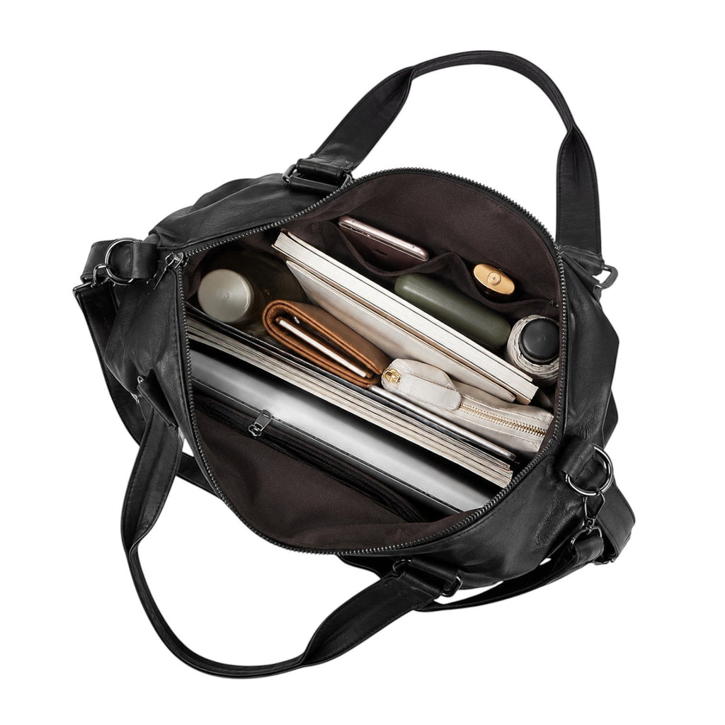 Sac fourre-tout noir en cuir synthétique UOSU pour femme, grand sac à bandoulière avec fermeture éclair, idéal pour un usage quotidien.