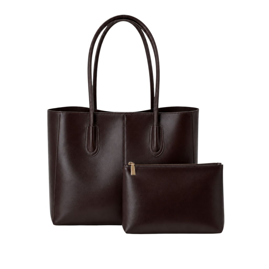 Sac fourre-tout marron foncé en cuir PU souple, avec pochette assortie zippée. Style polyvalent pour femmes.