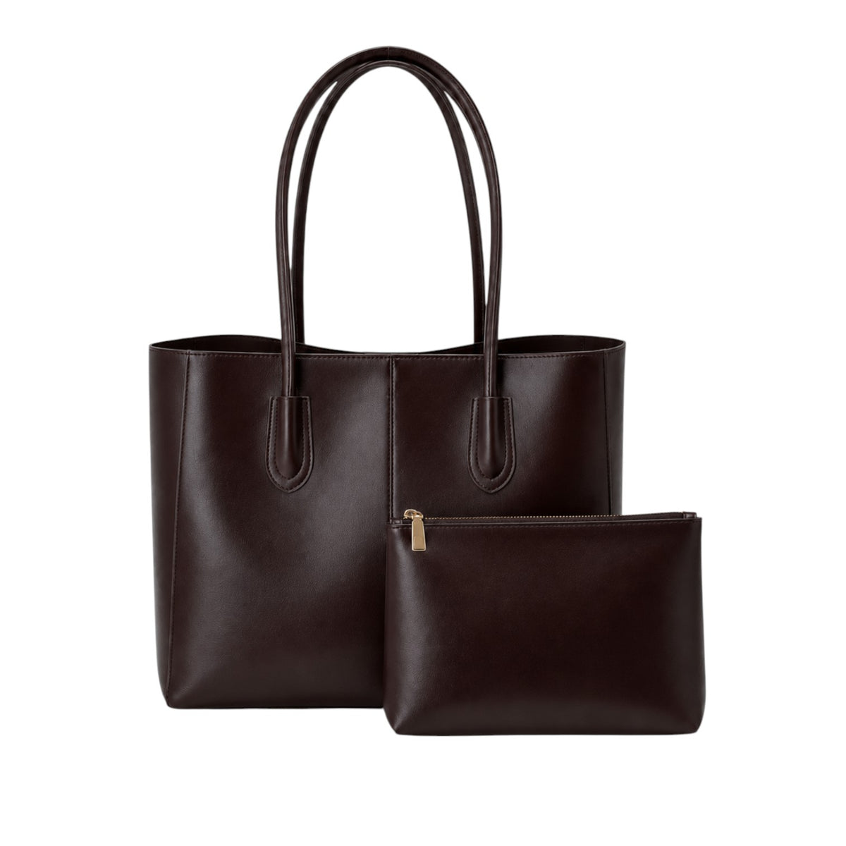 Sac fourre-tout marron foncé en cuir PU souple, avec pochette assortie zippée. Style polyvalent pour femmes.