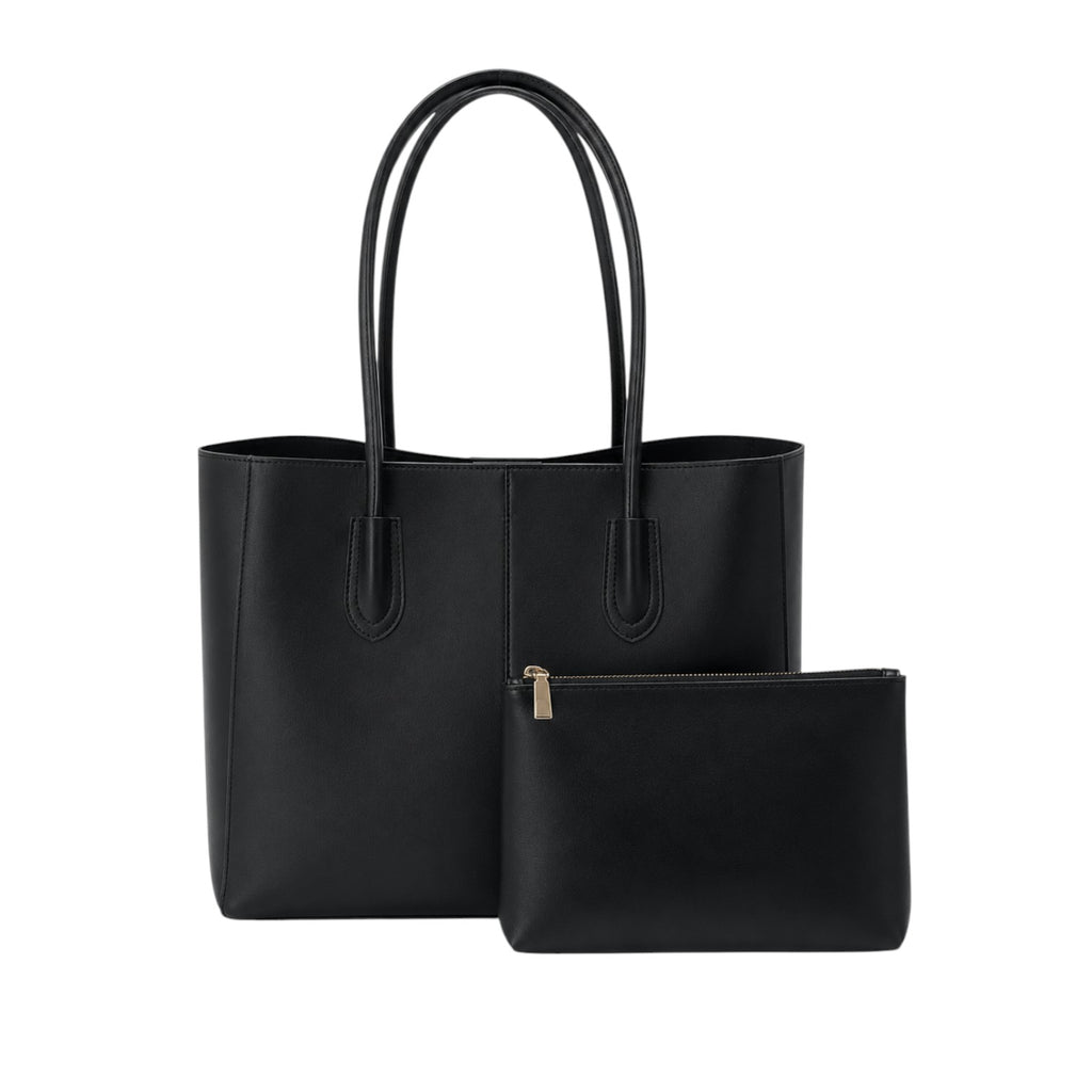 Sac fourre-tout noir en cuir PU souple pour femme, avec pochette zippée assortie, par Univers Sac.