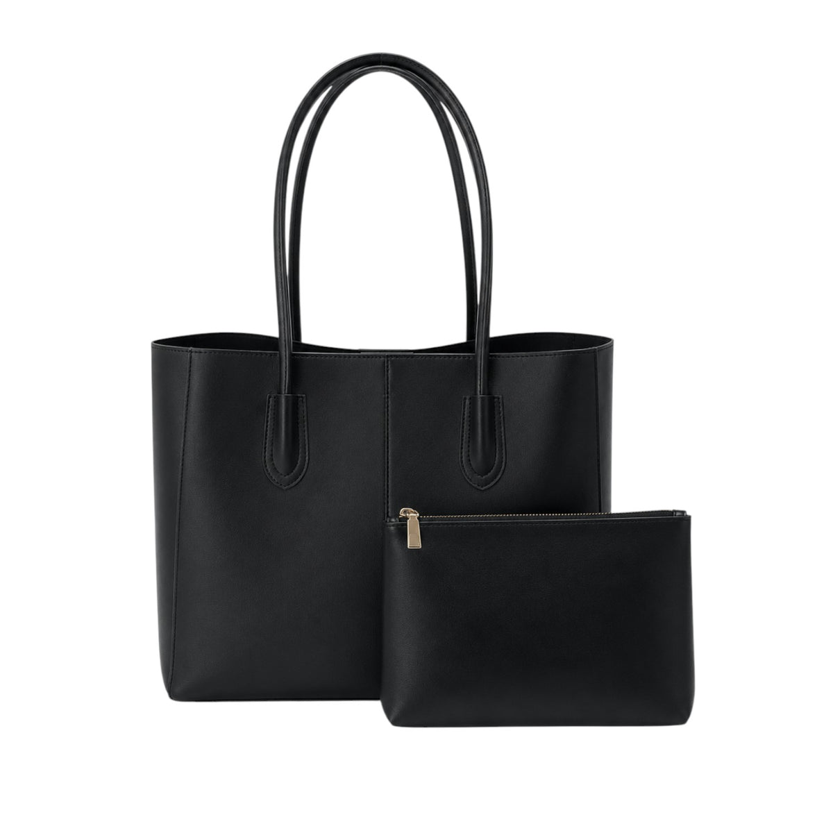 Sac fourre-tout noir en cuir PU souple pour femme, avec pochette zippée assortie, par Univers Sac.