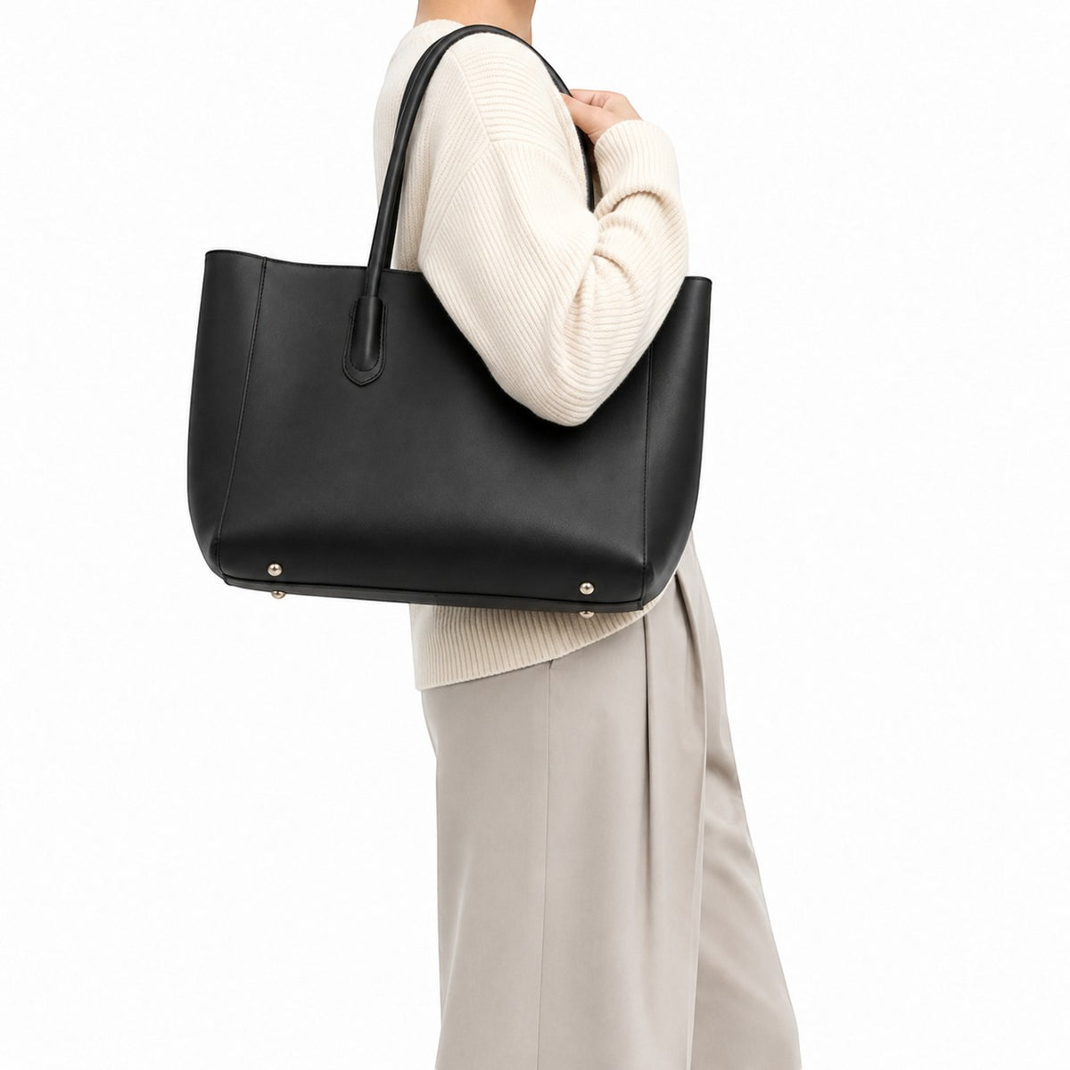Sac fourre-tout noir en cuir PU pour femme, Univers Sac, avec fermeture à boucle magnétique et poche intérieure zippée.