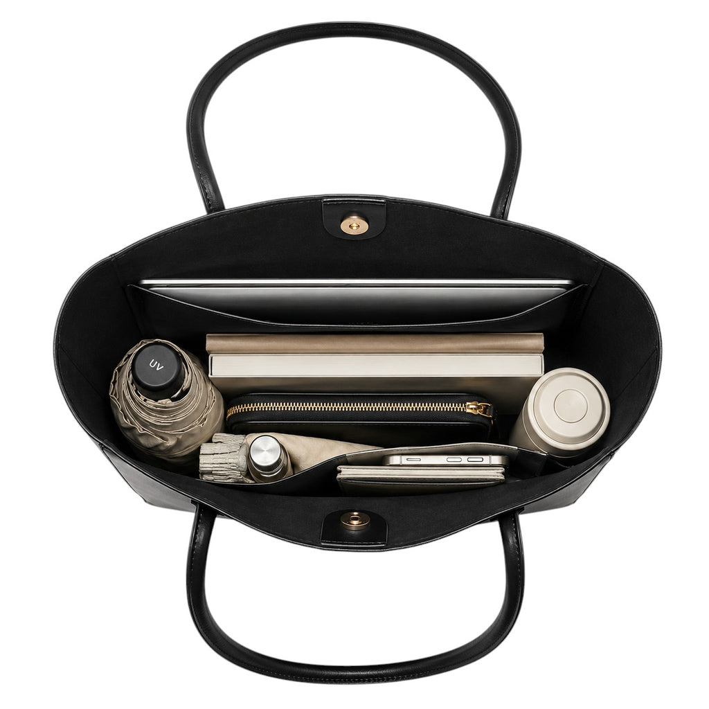 Sac fourre-tout noir en cuir PU souple, idéal pour le travail ou les voyages, avec compartiments intérieurs pour ordinateur portable, téléphone et portefeuille.
