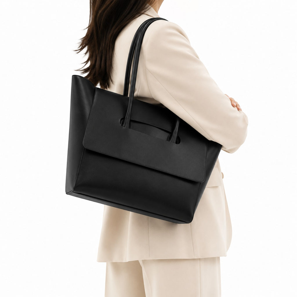Sac fourre-tout noir en cuir PU souple pour femme, Univers Sac, avec fermeture éclair et poche intérieure.