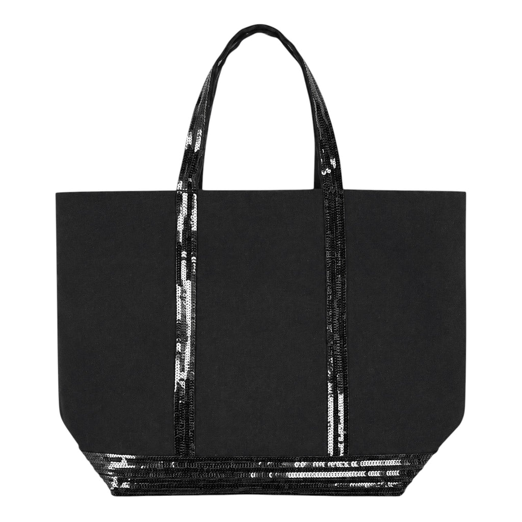 Sac fourre-tout noir en toile avec des détails de paillettes sur les poignées et le bas, par Univers Sac.