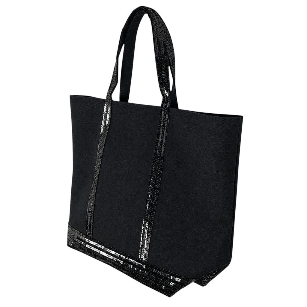 Sac fourre-tout noir en toile Univers Sac avec garniture et bretelles à paillettes noires, idéal pour le shopping ou les sorties décontractées.