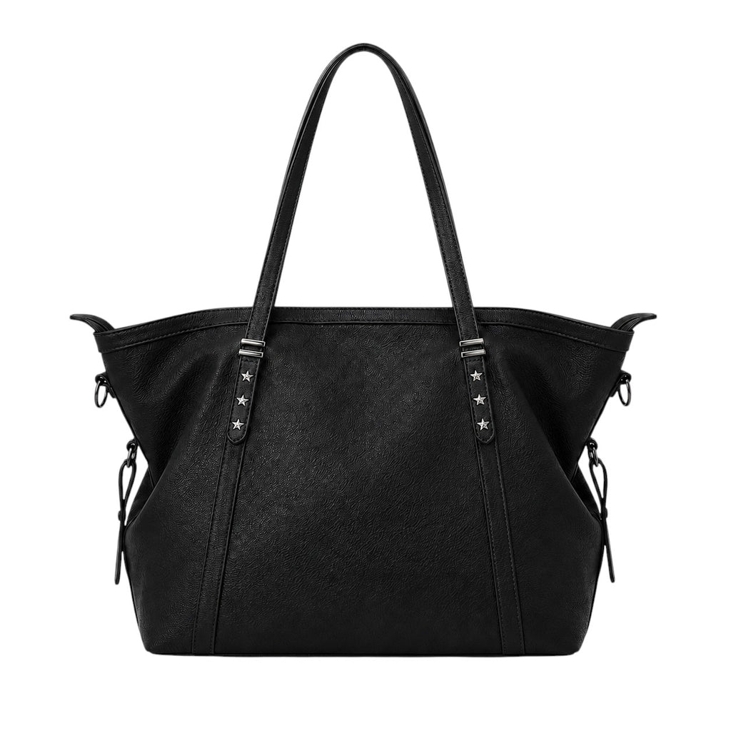 Sac fourre-tout noir en PU souple Univers Sac avec des clous étoiles et une poche intérieure zippée.
