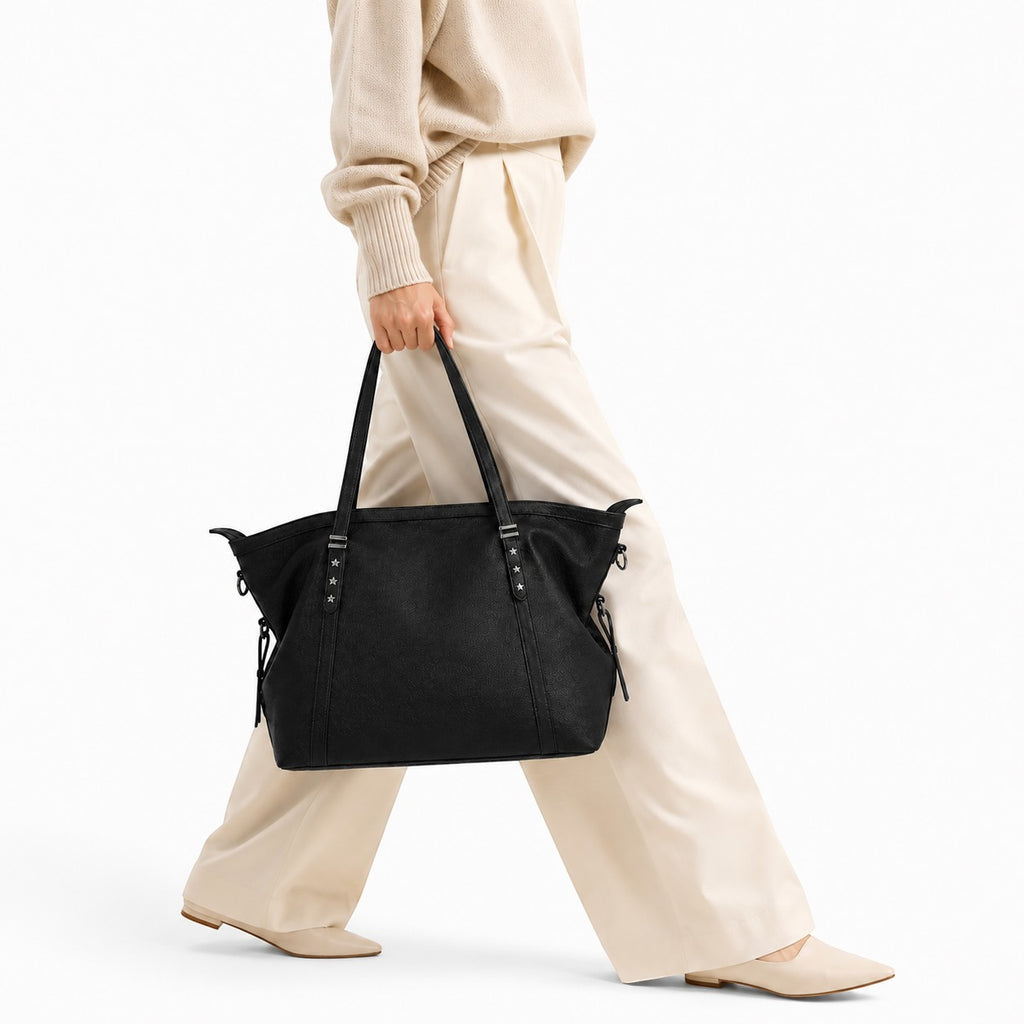 Sac fourre-tout noir en PU souple Univers Sac avec détails étoiles et fermeture éclair, idéal pour toutes saisons.