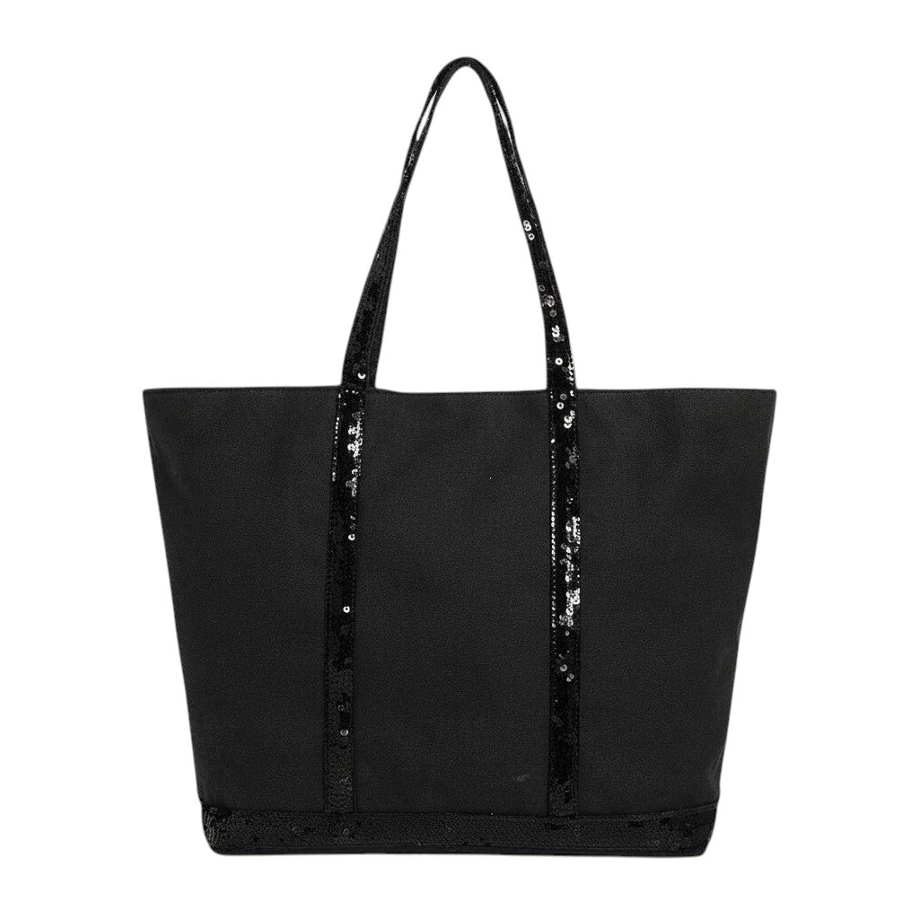 Sac fourre-tout noir en toile avec détails pailletés sur les anses et le bord inférieur, par Univers Sac