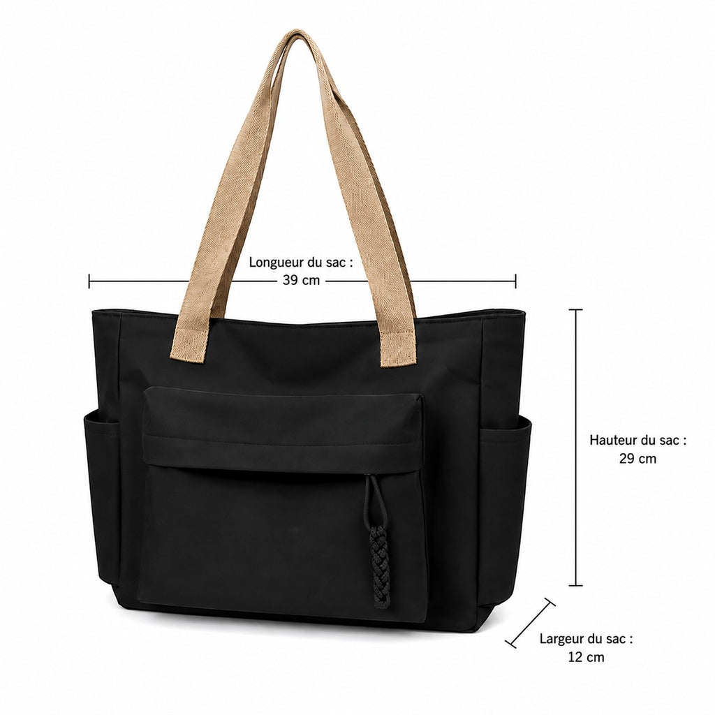 Sac fourre-tout noir en toile Univers Sac avec poches extérieures et anse tressée. Dimensions : 39x29x12 cm.