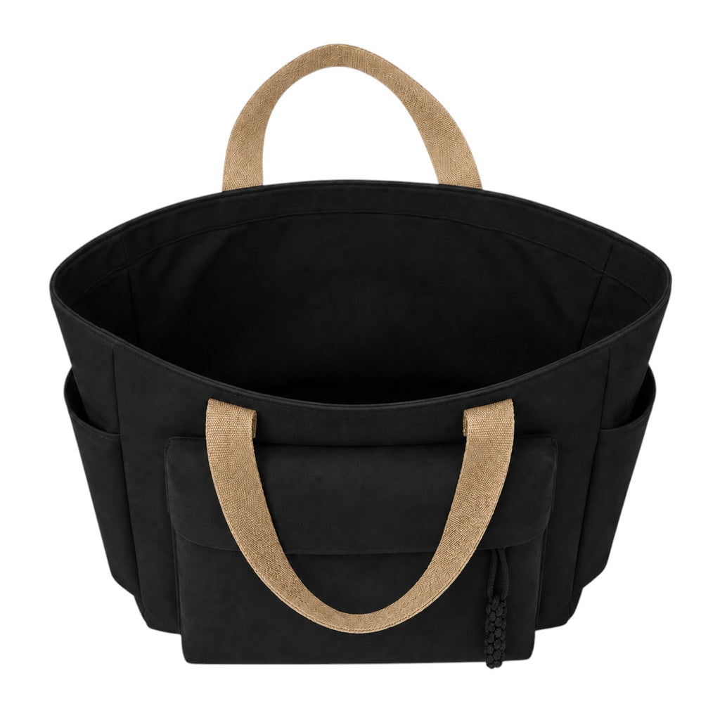 Sac fourre-tout noir en toile Univers Sac avec anses contrastantes en toile de jute et poches extérieures pratiques.