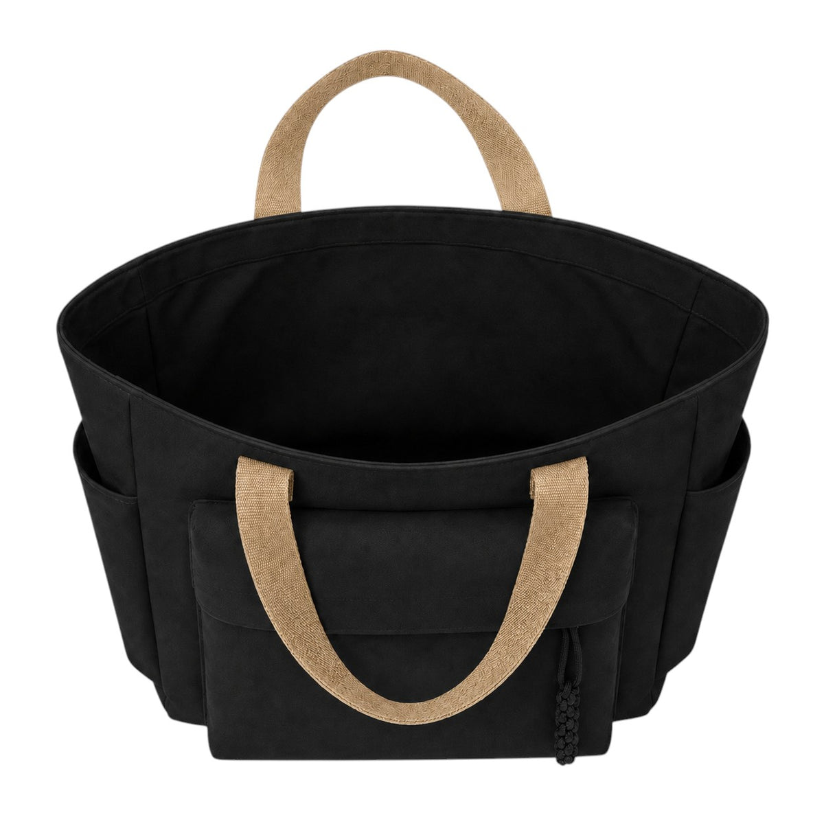 Sac fourre-tout noir en toile Univers Sac avec anses contrastantes en toile de jute et poches extérieures pratiques.