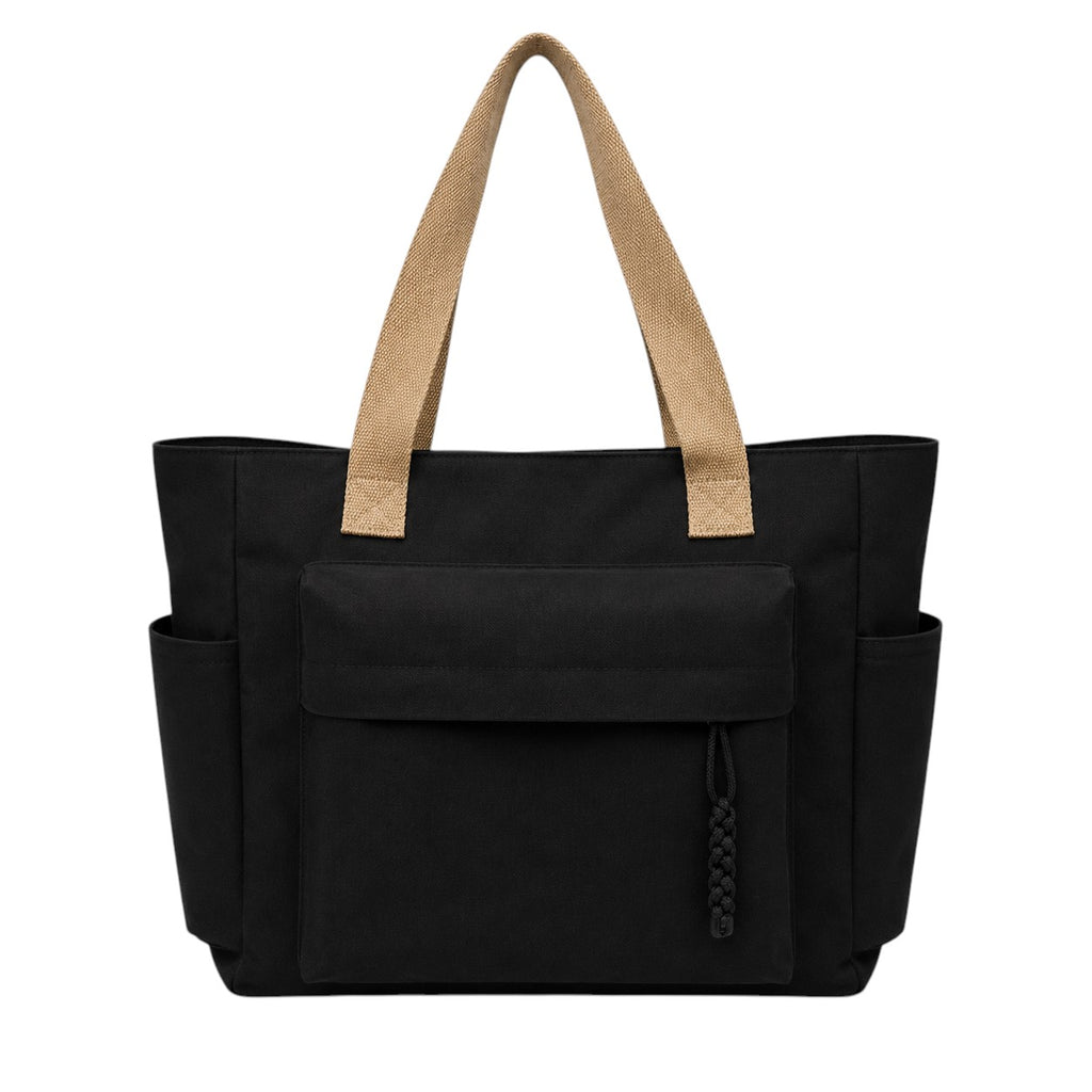 Univers Sac sac fourre-tout décontracté en toile noire avec poches extérieures et anses en toile de jute.