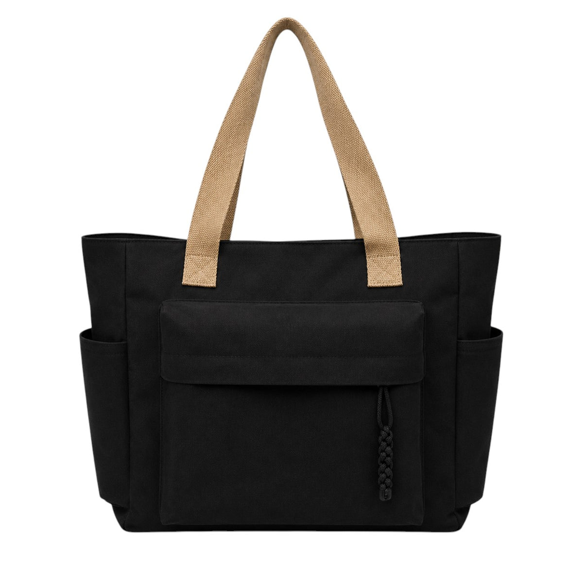 Univers Sac sac fourre-tout décontracté en toile noire avec poches extérieures et anses en toile de jute.