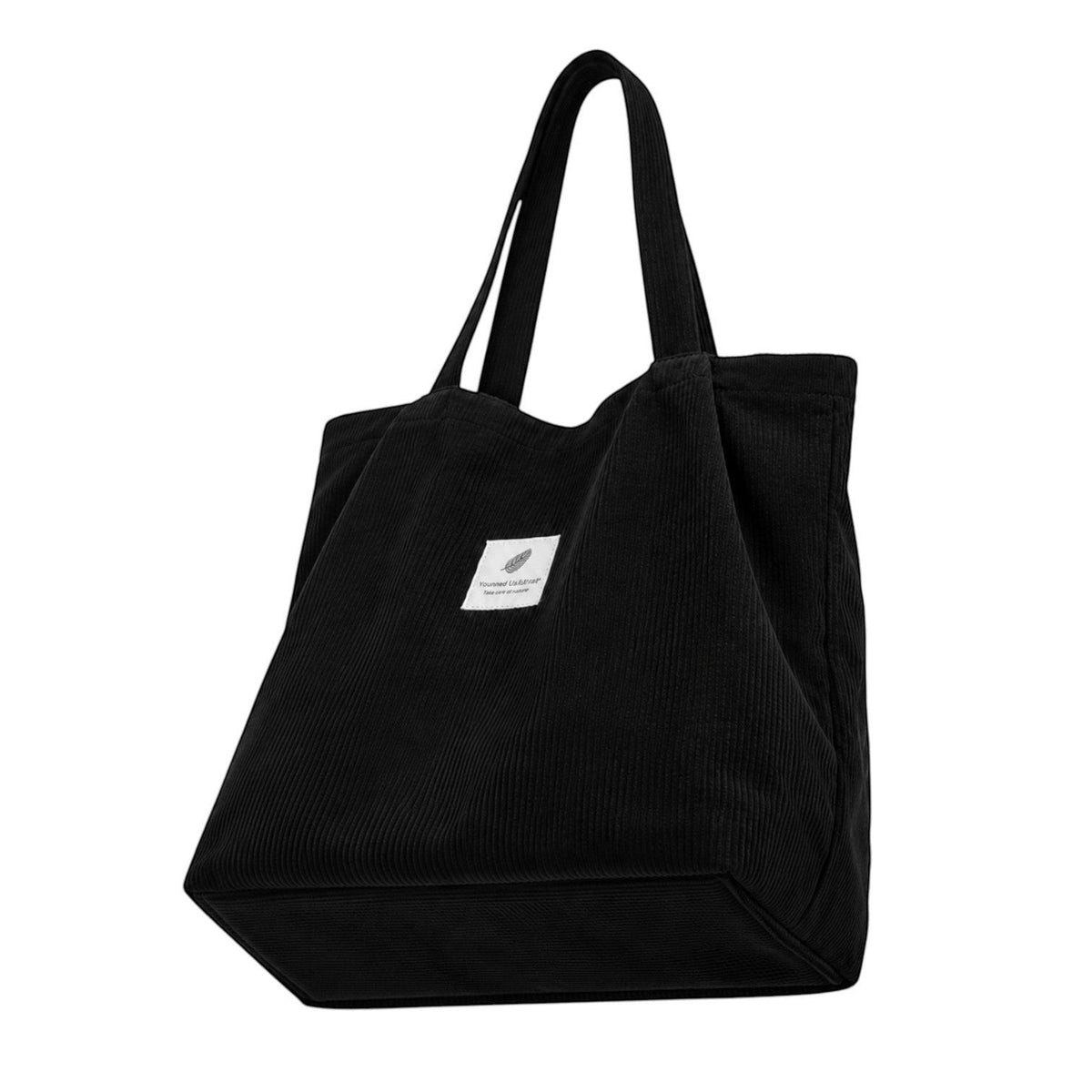 Sac fourre-tout noir en velours côtelé souple pour femme, avec deux anses et une poche intérieure.