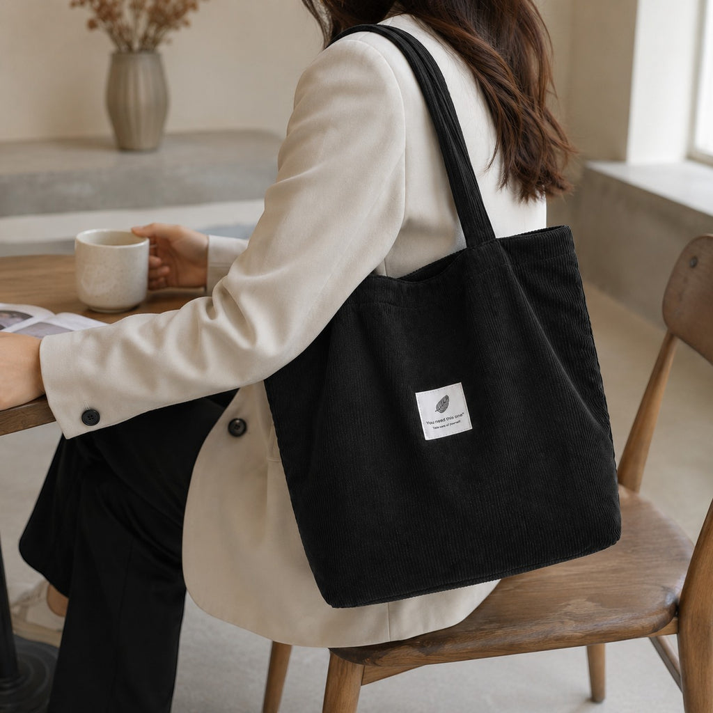 Sac fourre-tout noir en velours côtelé Univers Sac avec deux anses, idéal pour femmes, fermeture sans zip.