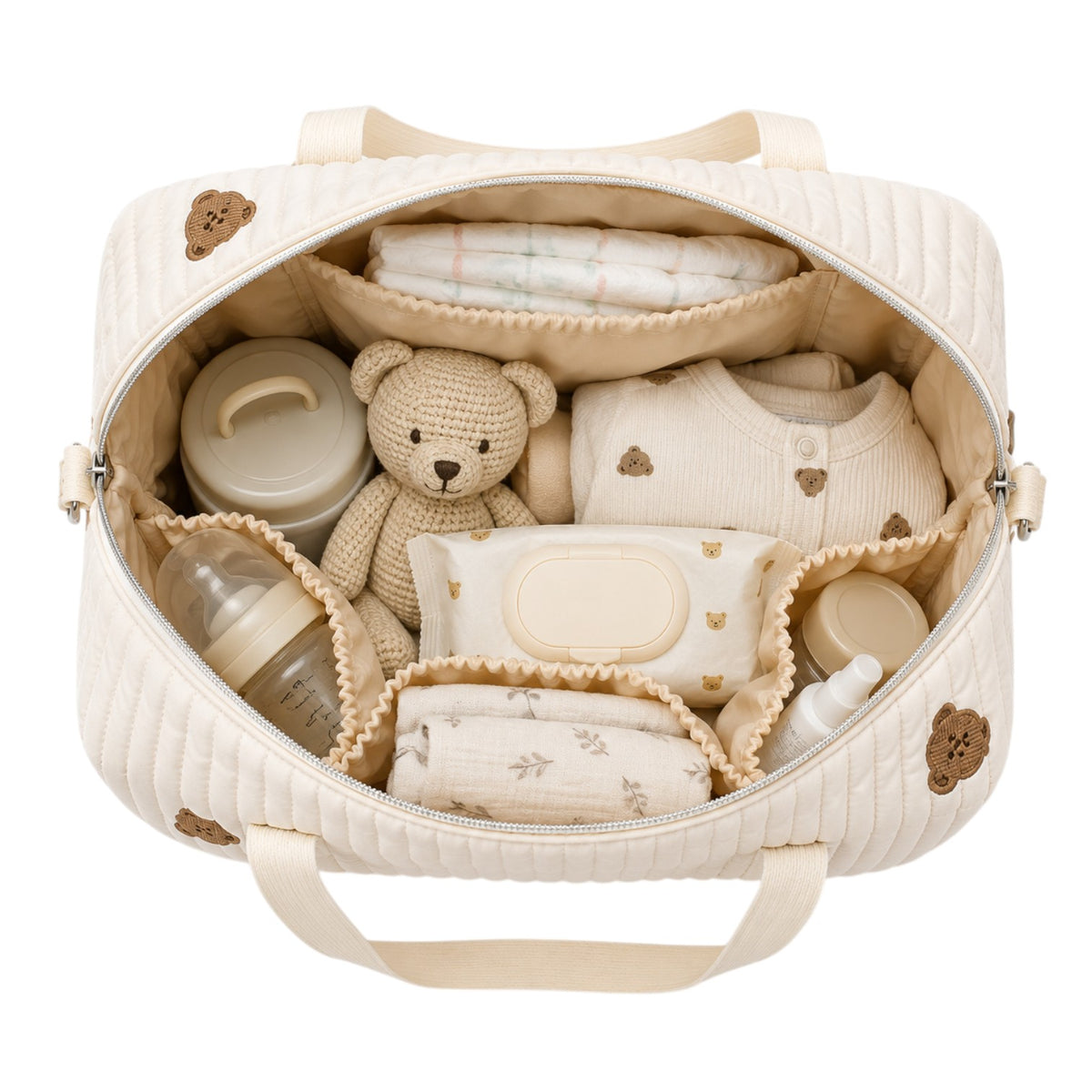 Sac à langer Univers Sac beige en nylon matelassé avec broderies d'ours, organisé avec des accessoires pour bébé