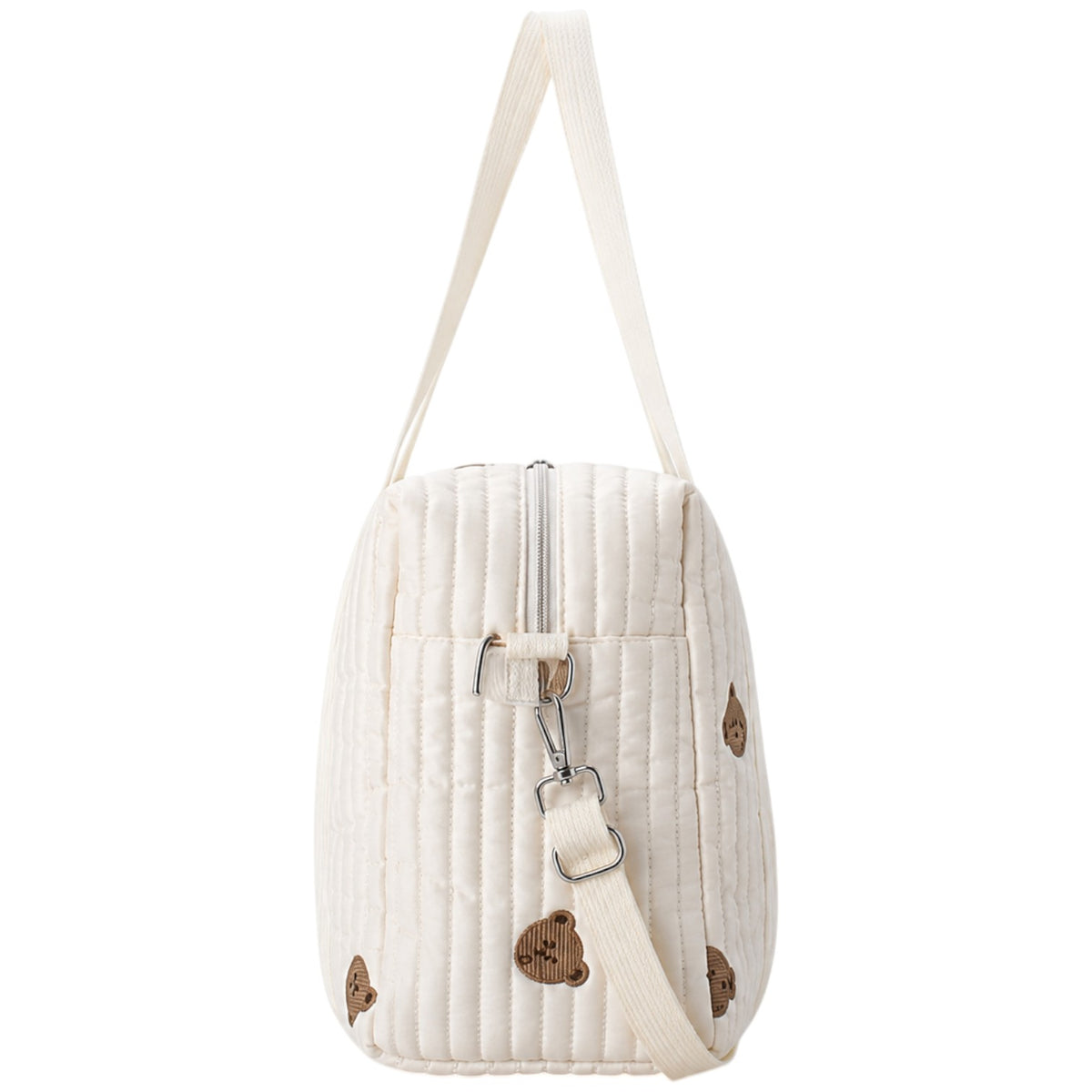 Sac à langer Univers Sac matelassé blanc avec broderies d'ours, style hobo pratique pour maman et bébé.