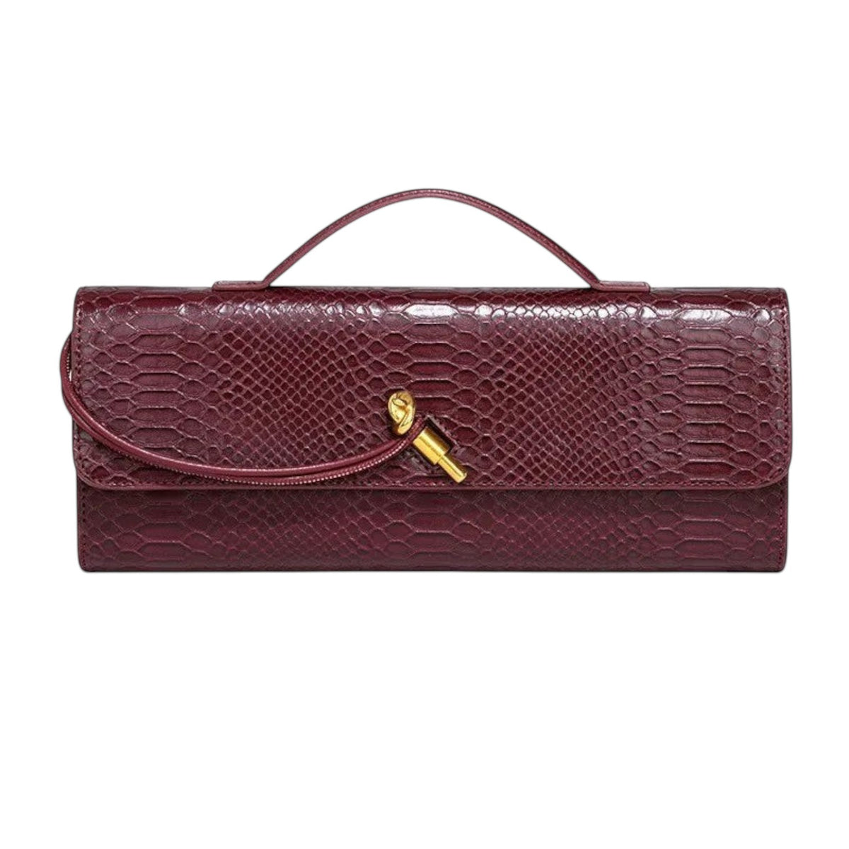 Sac à main bandoulière SNOWJENNY en cuir PU bordeaux à motif serpent, avec fermoir doré et anse supérieure.