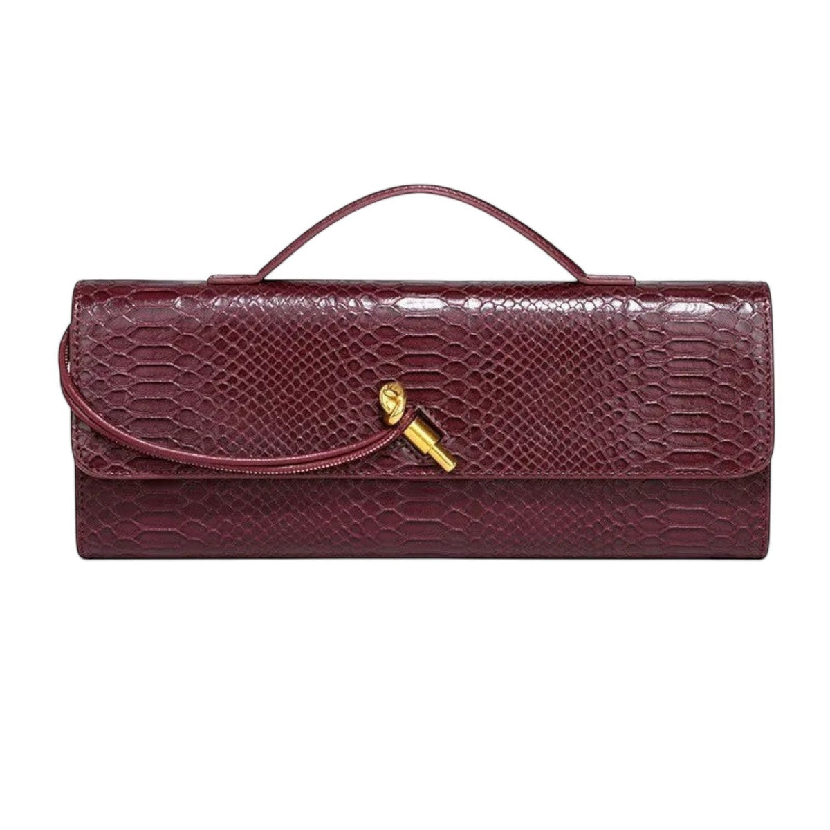 Sac à main bandoulière SNOWJENNY en cuir PU bordeaux à motif serpent, avec fermoir doré et anse supérieure.
