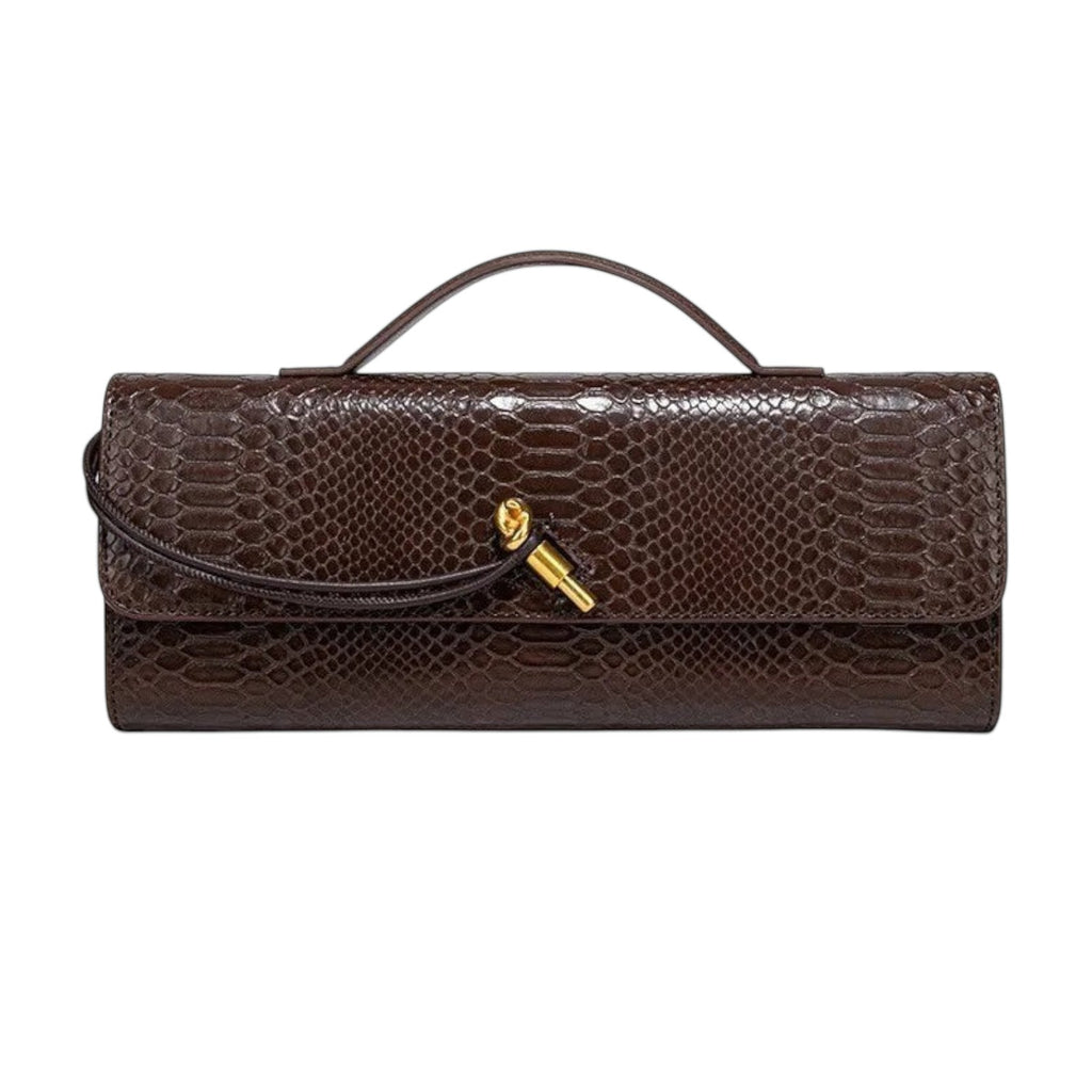 Sac à main bandoulière marron foncé en PU avec motif peau de serpent et fermoir doré, par Univers Sac.
