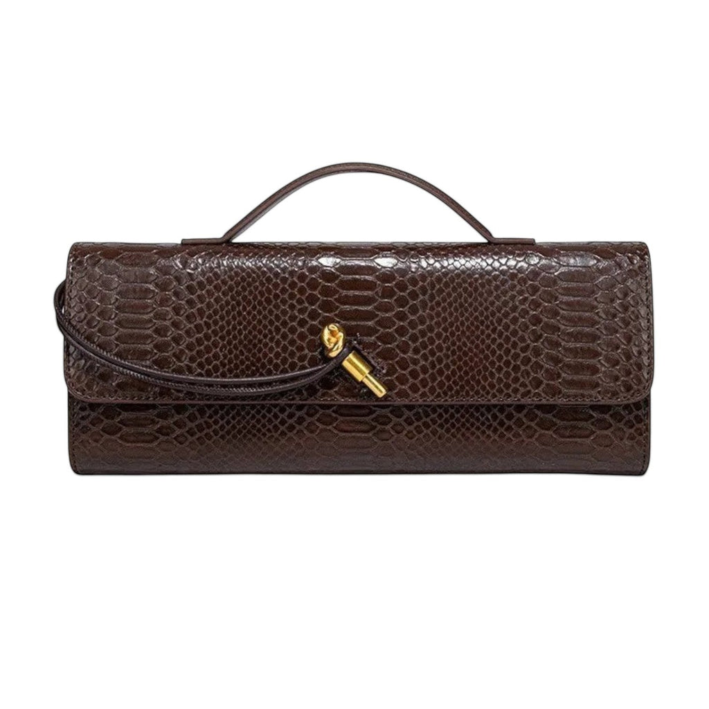 Sac à main bandoulière marron foncé en PU avec motif peau de serpent et fermoir doré, par Univers Sac.
