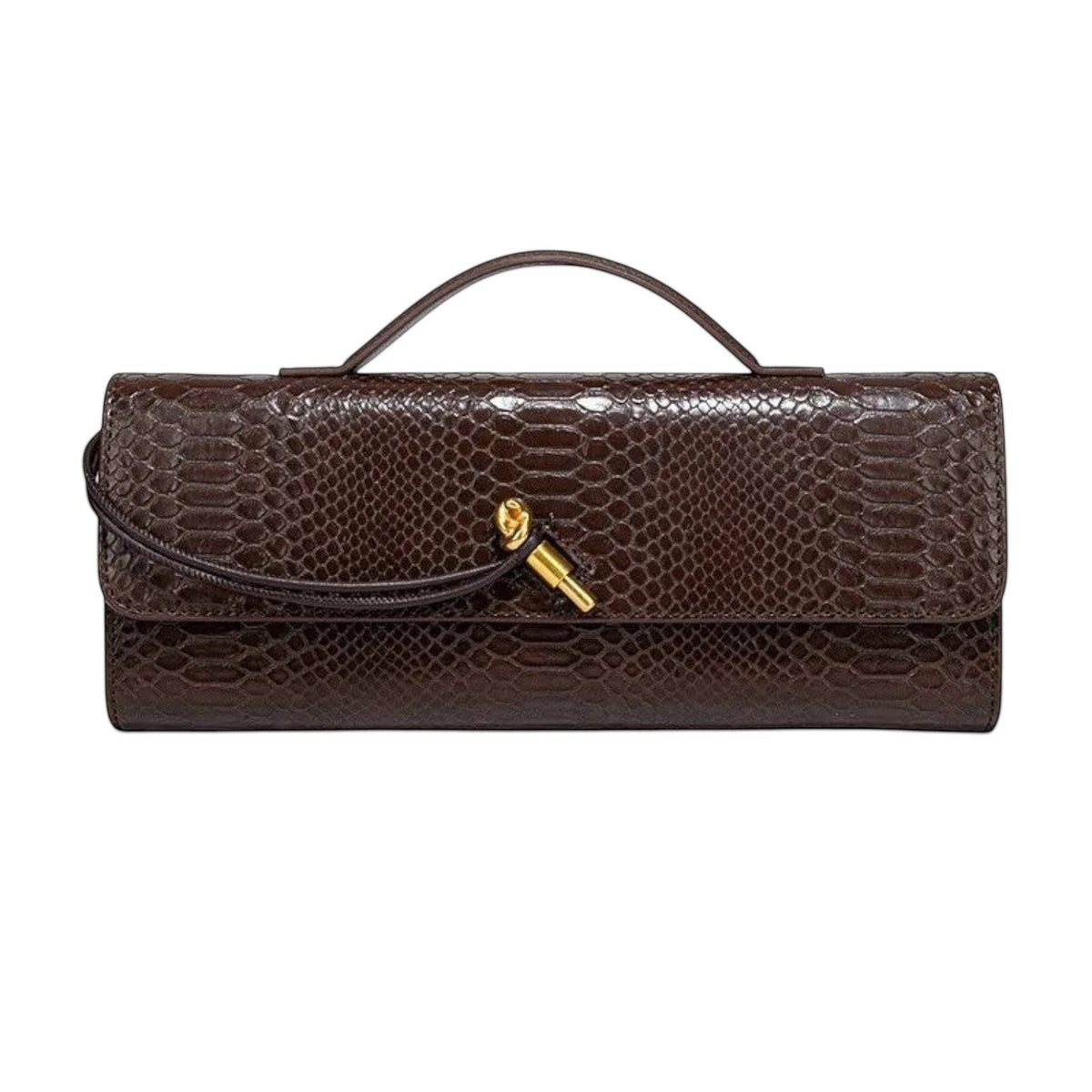 Sac à main bandoulière marron foncé en PU avec motif peau de serpent et fermoir doré, par Univers Sac.