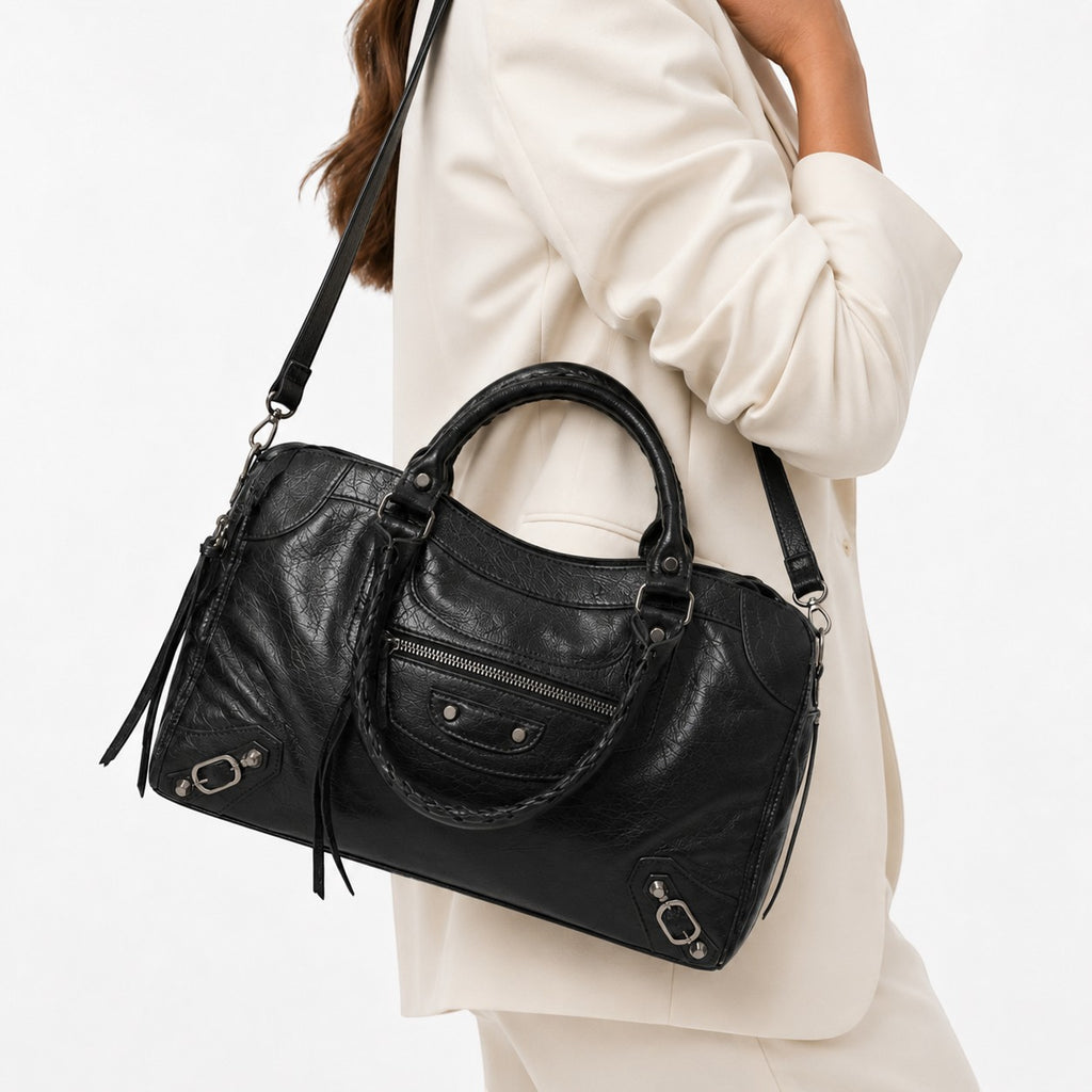 Sac à main bandoulière noir en cuir PU texturé, avec anses tressées et bandoulière amovible, par Univers Sac.
