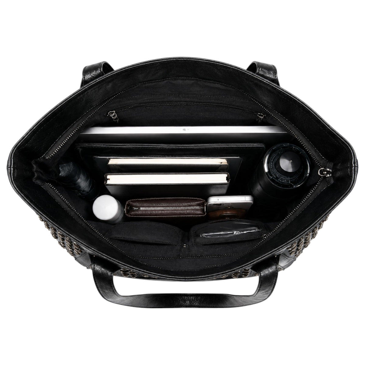 Sac fourre-tout noir en cuir PU souple pour femme Univers Sac, avec compartiments intérieurs zippés et poches plaquées.