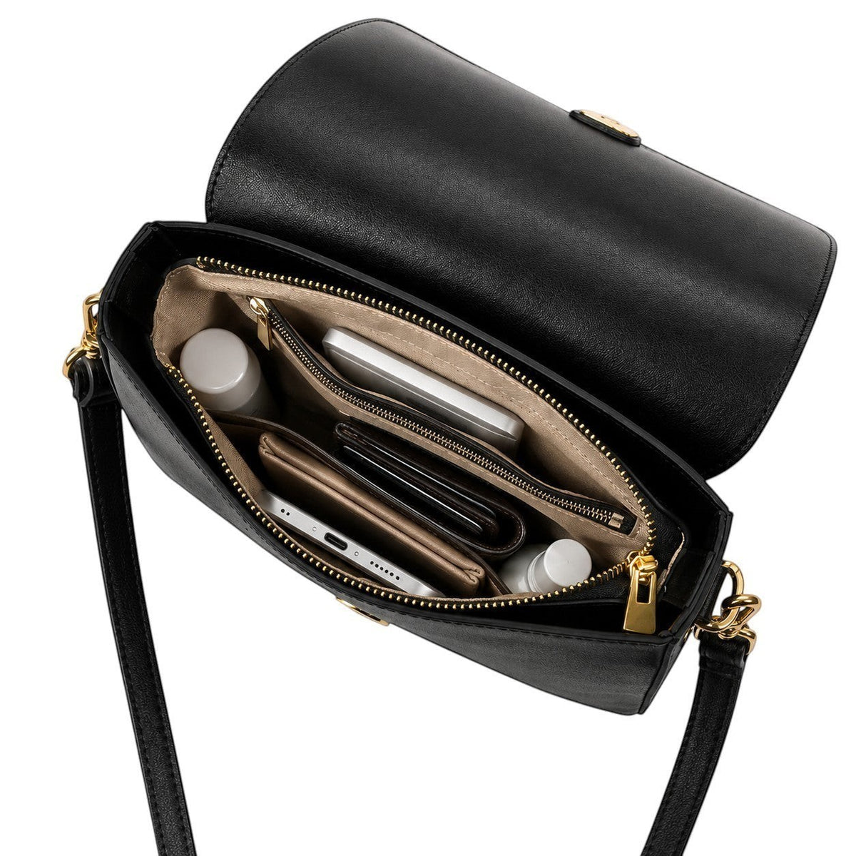 Sac à main noir en cuir véritable Univers Sac, compartimenté avec fermeture éclair, idéal pour un usage polyvalent.
