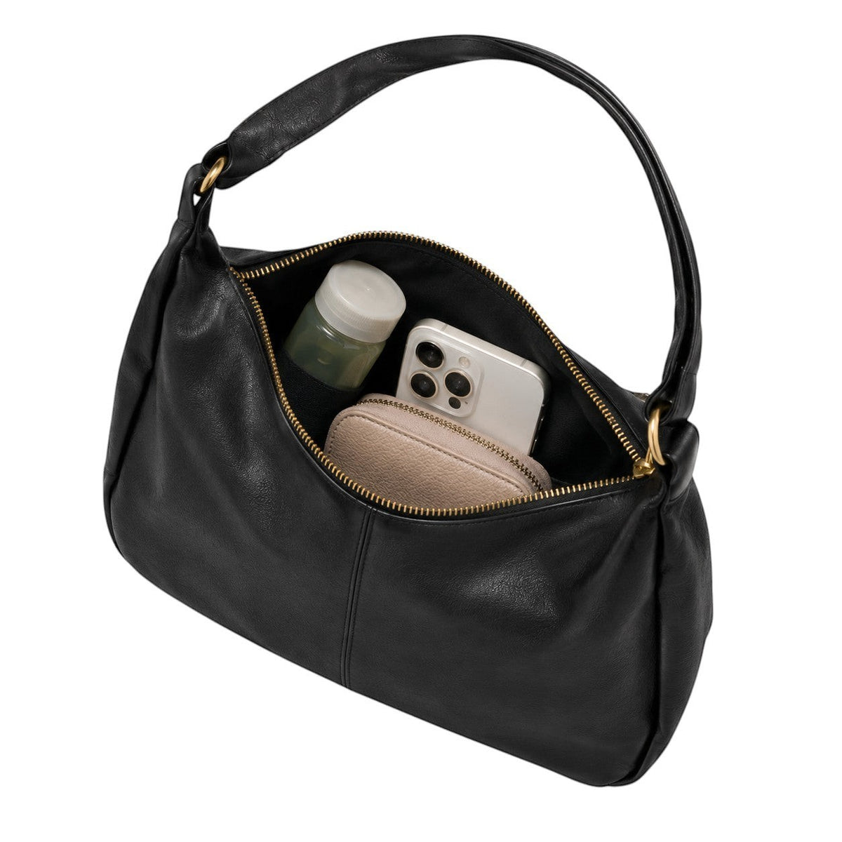 Sac à main bandoulière noir en cuir PU souple, fermeture éclair, intérieur spacieux avec poches, par Univers Sac.