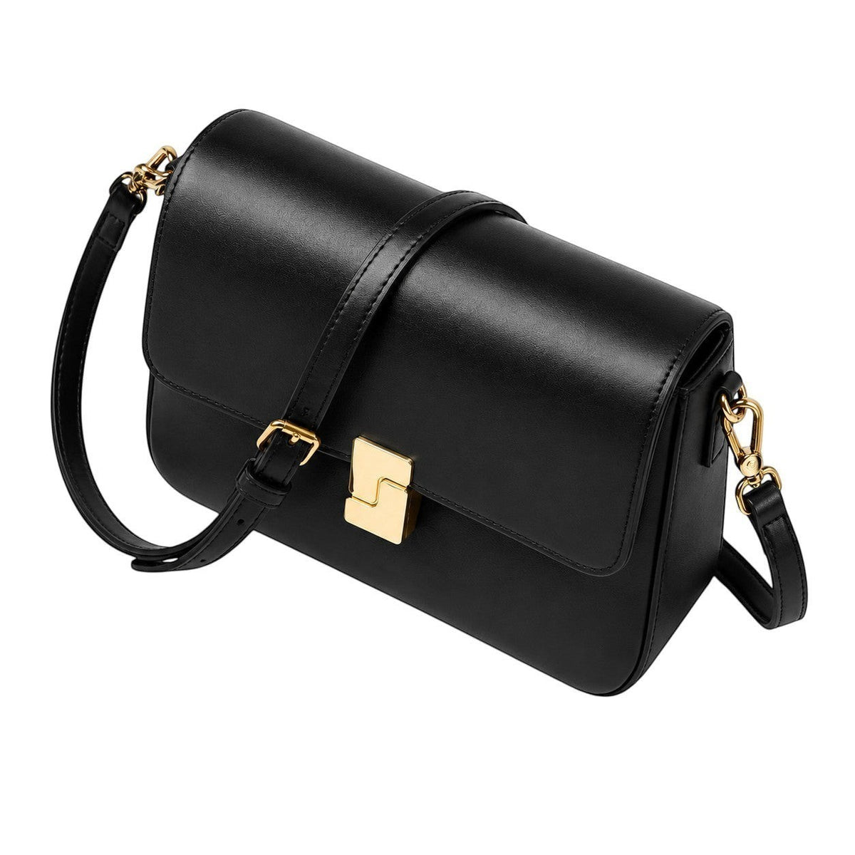 Sac à main bandoulière noir en cuir véritable Univers Sac avec fermoir doré et bandoulière réglable.