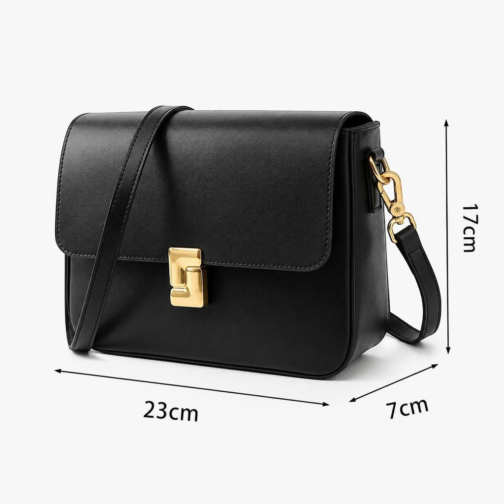 Sac à main bandoulière noir en cuir véritable Univers Sac avec fermoir doré et poche extérieure.