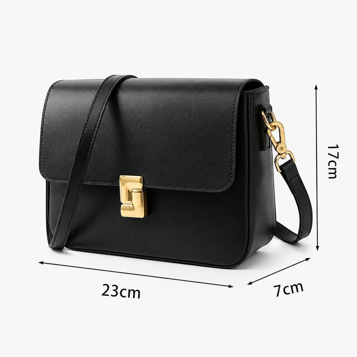 Sac à main bandoulière noir en cuir véritable Univers Sac avec fermoir doré et poche extérieure.