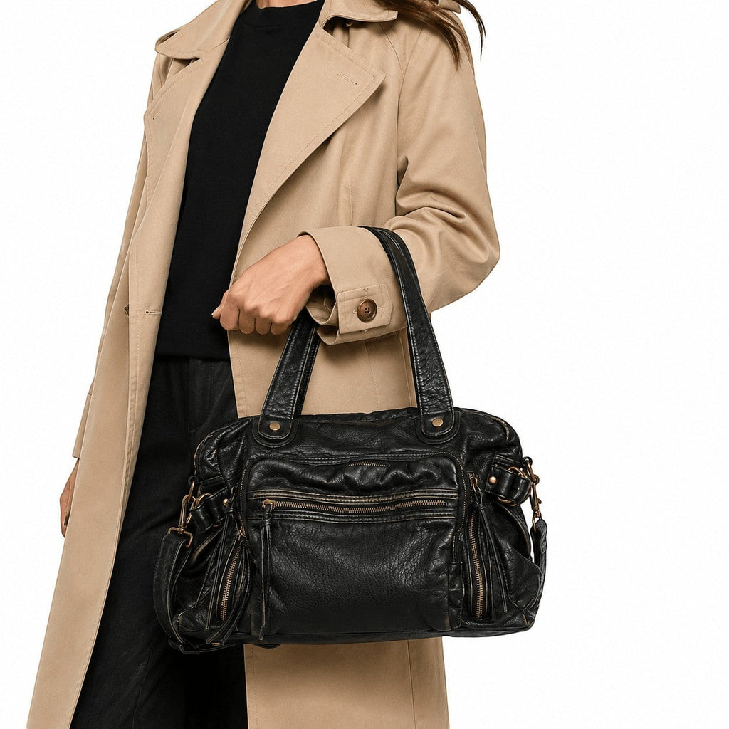Sac fourre-tout noir en cuir PU souple, grand, avec plusieurs poches zippées extérieures et une bandoulière amovible, par Univers Sac.