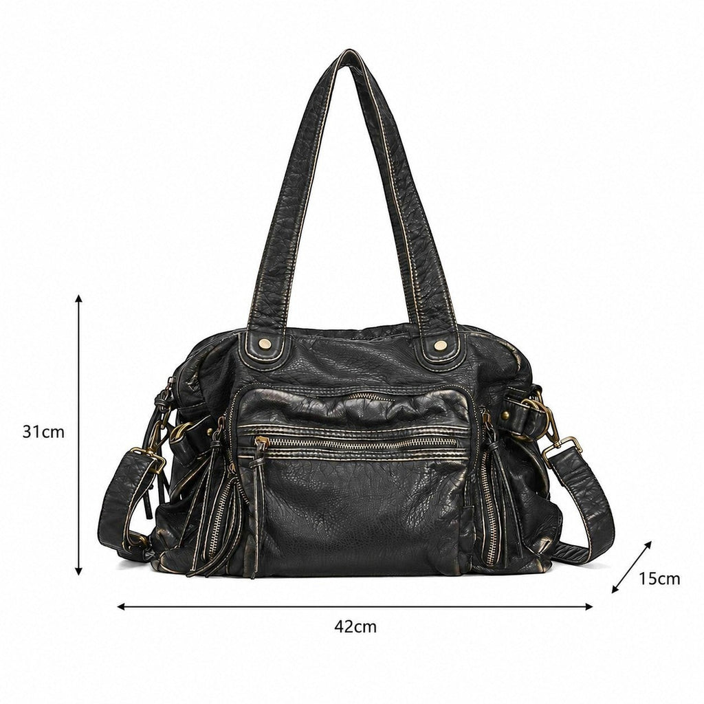 Sac à main noir en cuir PU souple Univers Sac, grande capacité, avec poches extérieures zippées et bandoulière amovible.