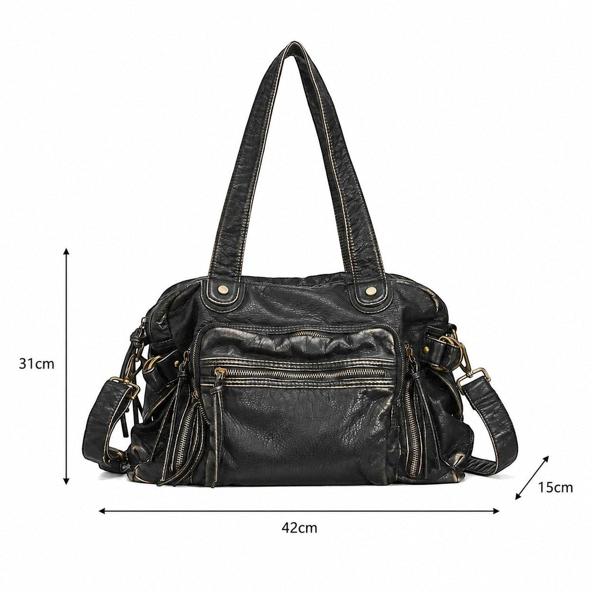 Sac à main noir en cuir PU souple Univers Sac, grande capacité, avec poches extérieures zippées et bandoulière amovible.