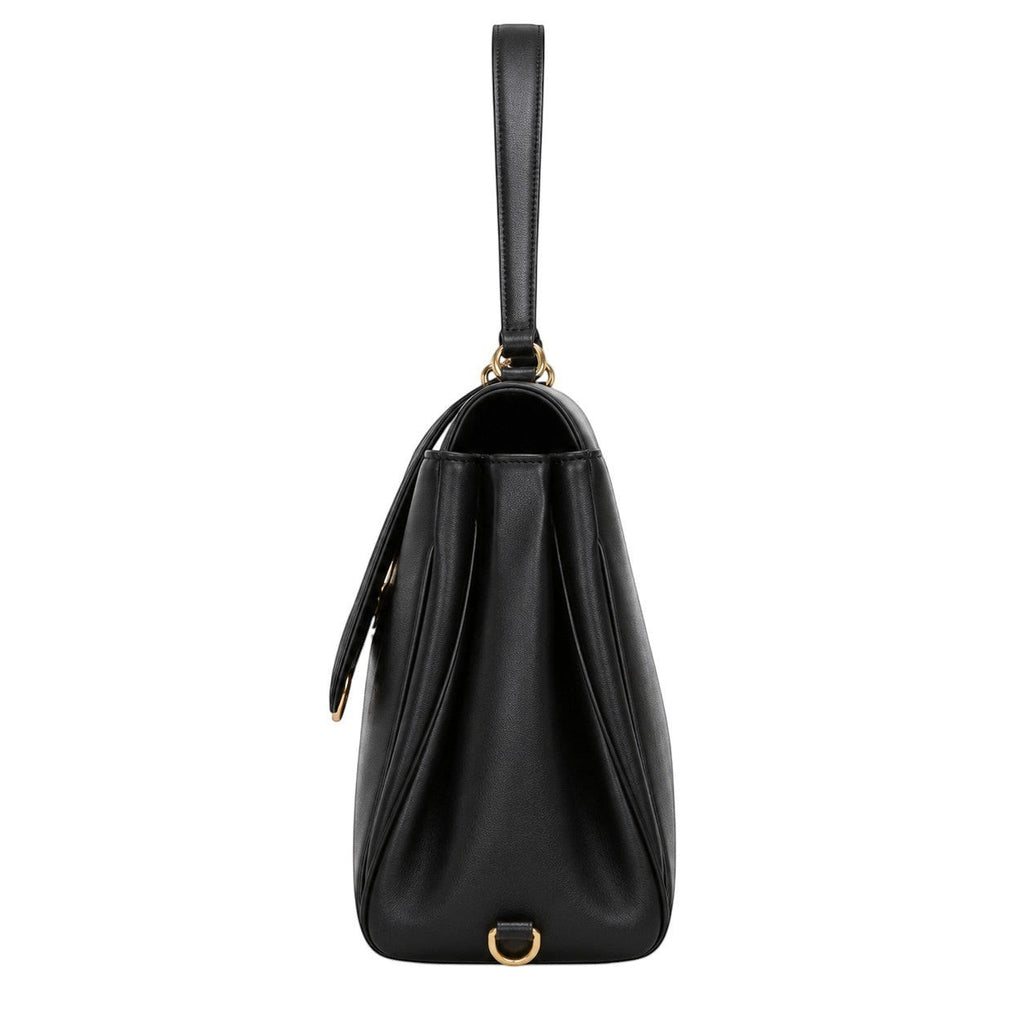 Sac à main noir en cuir de vache souple, de style satchel, par Univers Sac. Fermoir doré.