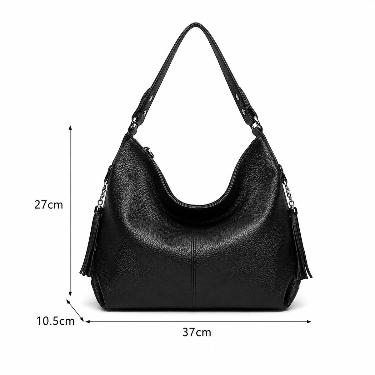 Sac à main noir en cuir véritable ZENCY pour femme, style hobo avec pompon et fermeture éclair.