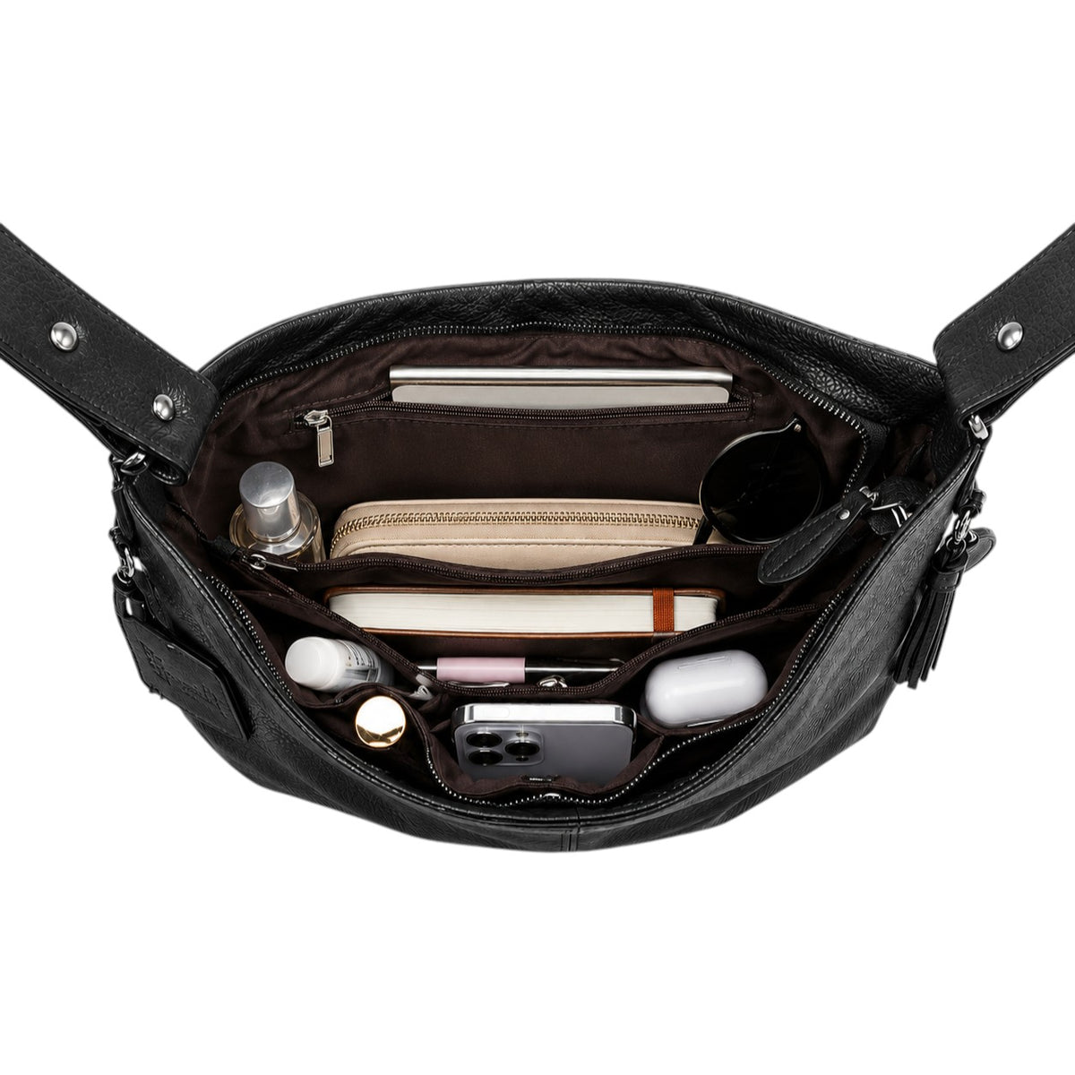 Sac à main noir en cuir véritable ZENCY pour femme, style hobo avec pompon décoratif et multiples compartiments intérieurs.