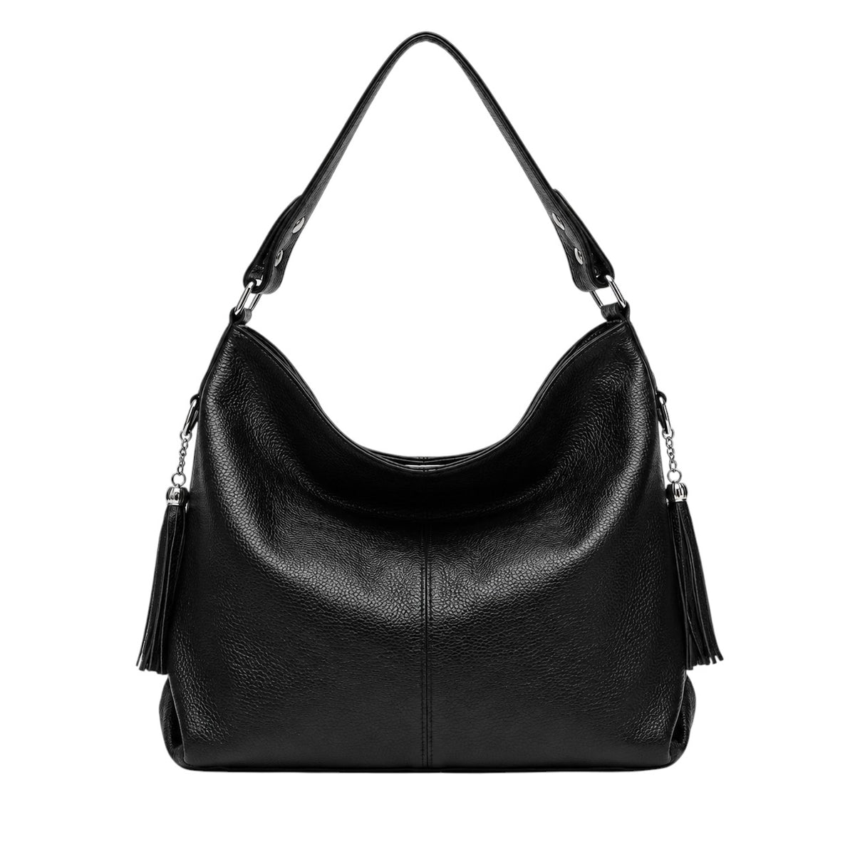 Sac à main noir en cuir véritable ZENCY avec franges décoratives, idéal pour femme, style hobo.