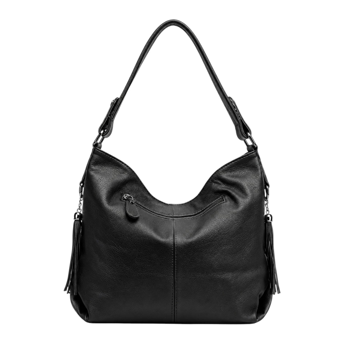 Sac à main noir en cuir véritable ZENCY pour femme, style hobo avec franges et fermeture éclair.