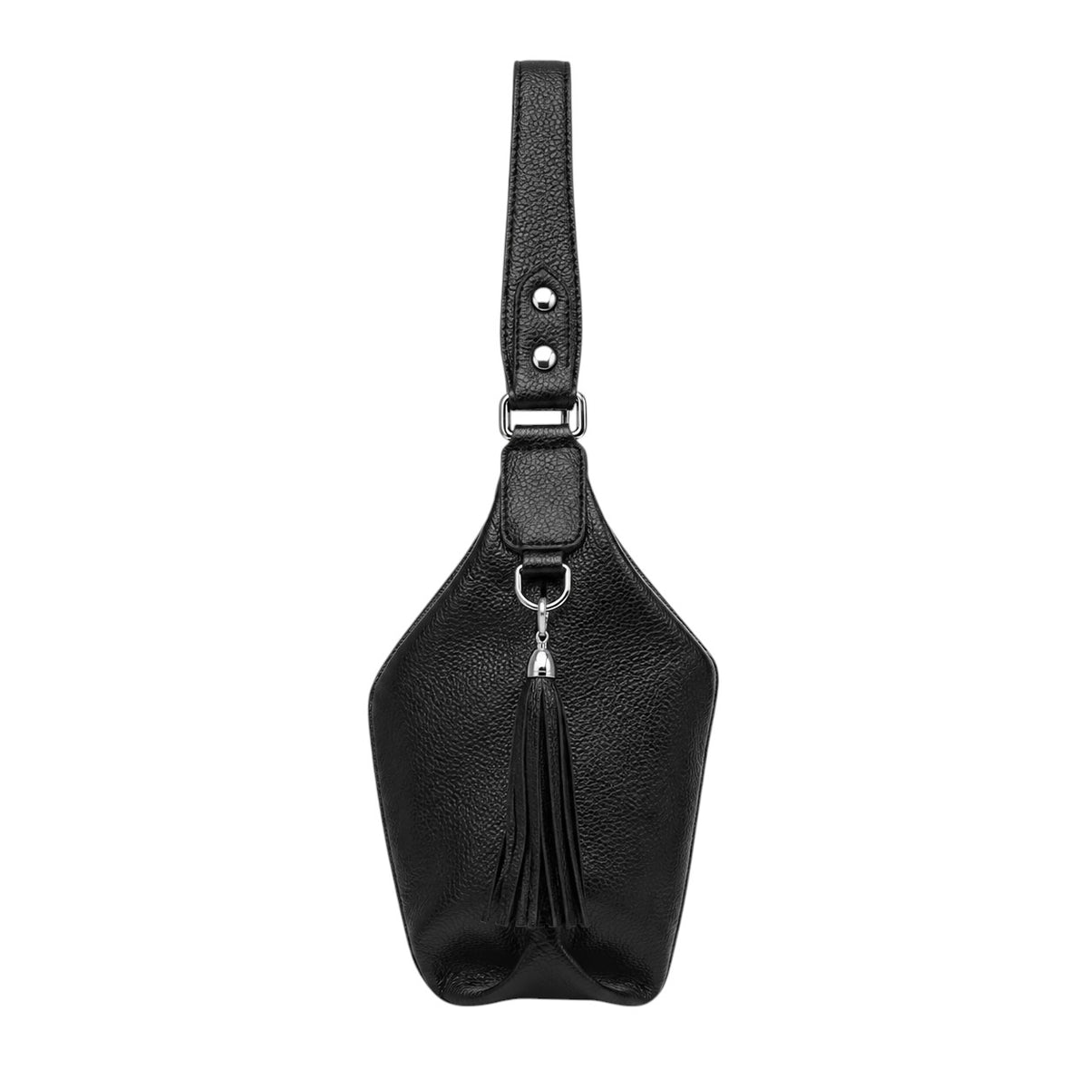 Sac à main noir en cuir véritable ZENCY avec pompon décoratif et fermeture éclair, idéal pour femme.