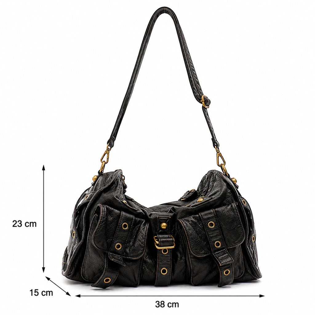 Sac à main hobo tote noir en cuir PU souple, avec poches extérieures, rivets et fermeture éclair. Univers Sac.